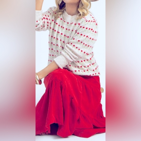 New En Crème Crew Neck Knit Sweater Red Roses Romantic Pullover Tan Size S/M - Picture 1 of 12